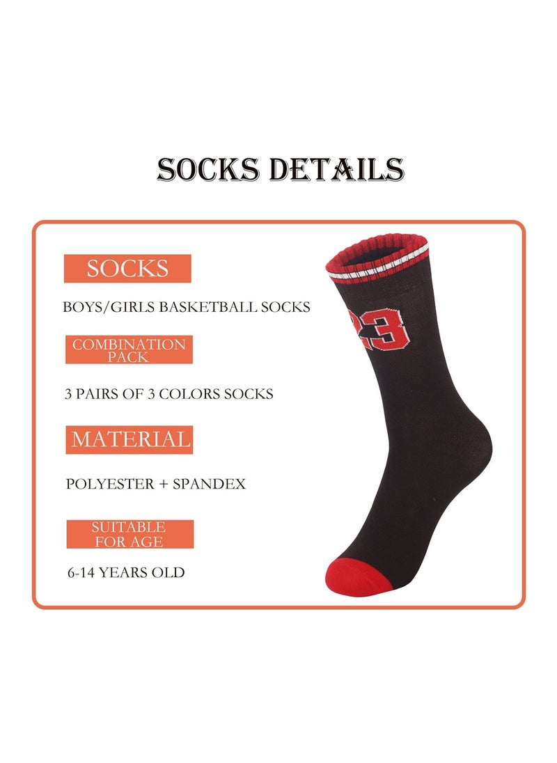 KASTWAVE - 3 Pairs Basketball Socks for Boys and Girls, Basketball Team Lucky Number Sports-Star-Socks for Child, Athletic Running Breathable Youth Sports Socks Gifts for Kids 6-14 (One Size, 3 pairs #23) - Image 1