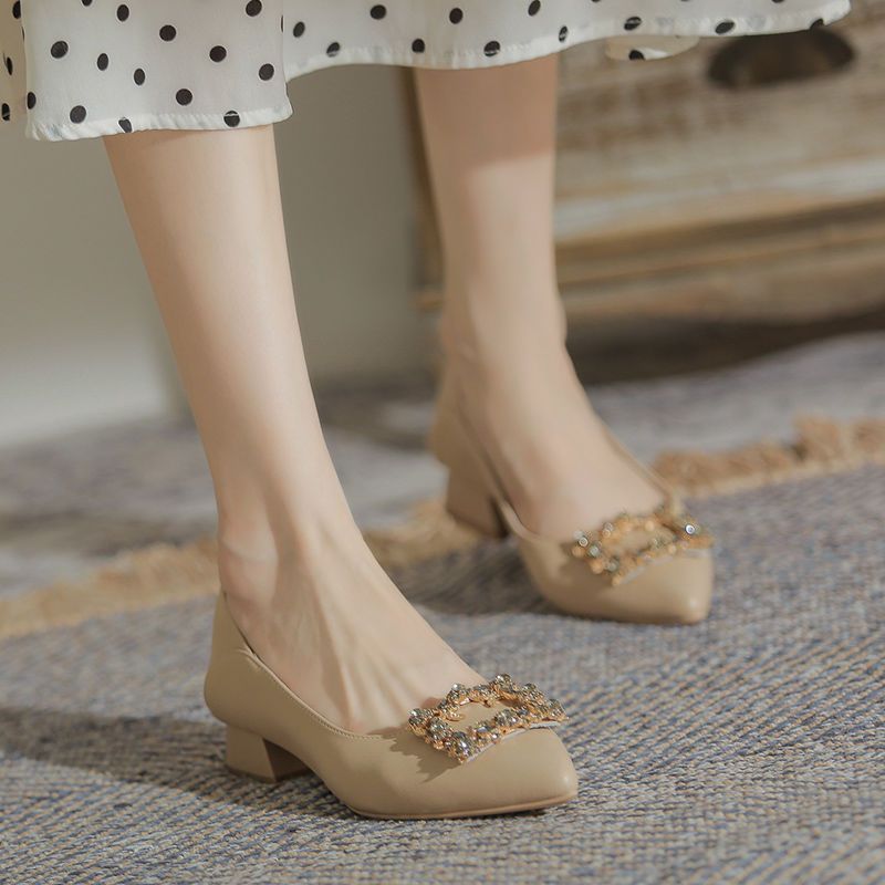French Style Single-Layer Shoes Women'S Coarse Heeled Comfortable Breathable Work Shoes Pointed Toe Shallow Mouth One-Piece Lazy-On Shoes - Image 4