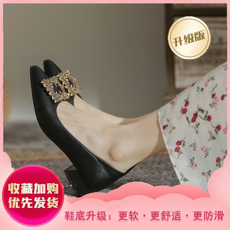 French Style Single-Layer Shoes Women'S Coarse Heeled Comfortable Breathable Work Shoes Pointed Toe Shallow Mouth One-Piece Lazy-On Shoes - Image 1