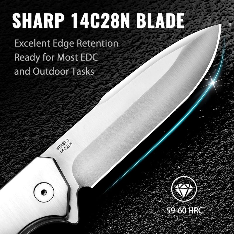 NedFoss BEAST Pocket Knife, 3.48" 14C28N Steel Blade Button Lock EDC Knife, Lightweight G10 Handle, Reversible Deep Pocket Clip, Tactical Knife for Men Women - Image 2
