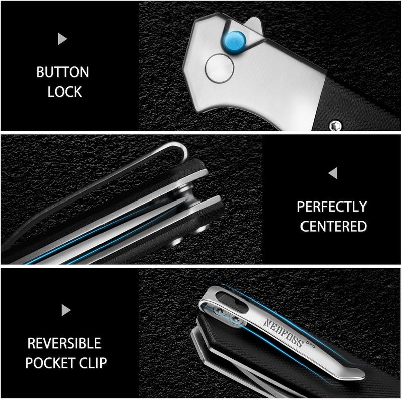 NedFoss BEAST Pocket Knife, 3.48" 14C28N Steel Blade Button Lock EDC Knife, Lightweight G10 Handle, Reversible Deep Pocket Clip, Tactical Knife for Men Women - Image 4
