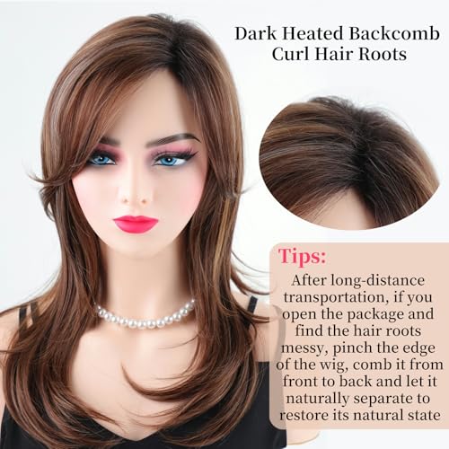 RENERSHOW Long Mixed Brown Highlight Synthetic Wigs for Women Layered Ombre Brown Wig with Dark Roots Straight Hair Wig - Image 4