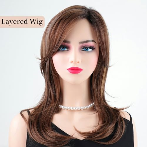 RENERSHOW Long Mixed Brown Highlight Synthetic Wigs for Women Layered Ombre Brown Wig with Dark Roots Straight Hair Wig - Image 5