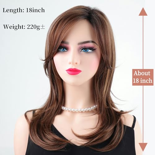 RENERSHOW Long Mixed Brown Highlight Synthetic Wigs for Women Layered Ombre Brown Wig with Dark Roots Straight Hair Wig - Image 3