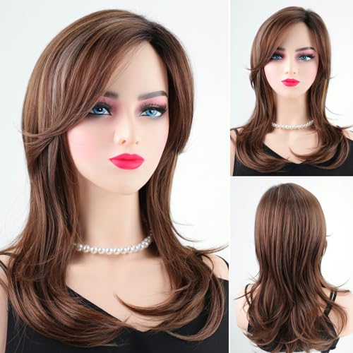 RENERSHOW Long Mixed Brown Highlight Synthetic Wigs for Women Layered Ombre Brown Wig with Dark Roots Straight Hair Wig - Image 2