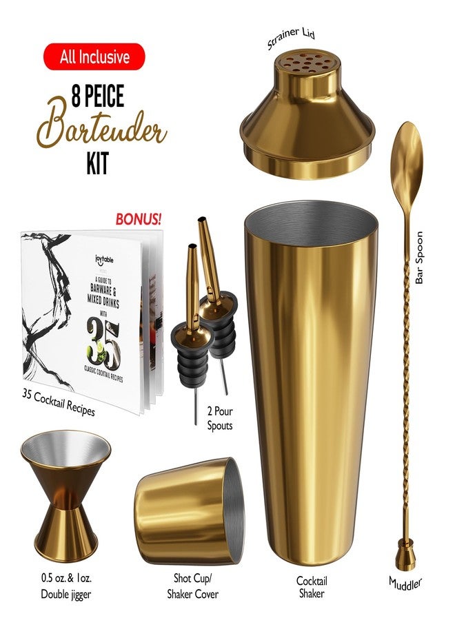 EATEX Gold 8-Piece Cocktail Set, Mixology Bartender Kit: 24oz Martini Shaker, Muddler, Jigger, Pourers, Cocktail Book - Image 2