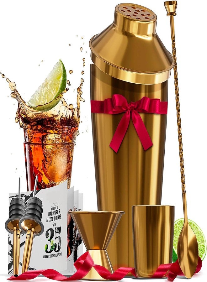 EATEX Gold 8-Piece Cocktail Set, Mixology Bartender Kit: 24oz Martini Shaker, Muddler, Jigger, Pourers, Cocktail Book - Image 1