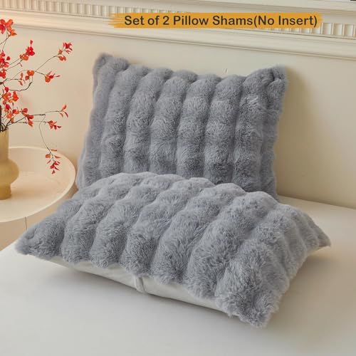 LIFEREVO Pack of 2 Fluffy Faux Rabbit Fur Pillowcases, Elegant Cute Plush Shaggy Bubble Bed Pillow Cases Standard Size Zipper Closure, Home Decorative Furry Fuzzy Long Pillow Shams 20x26, Light Grey - Image 2