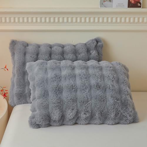 LIFEREVO Pack of 2 Fluffy Faux Rabbit Fur Pillowcases, Elegant Cute Plush Shaggy Bubble Bed Pillow Cases Standard Size Zipper Closure, Home Decorative Furry Fuzzy Long Pillow Shams 20x26, Light Grey - Image 1