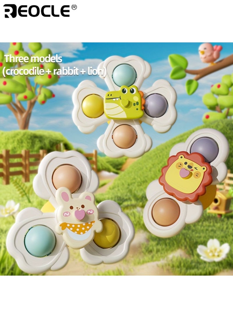 REOCLE Baby's Cartoon Animal Suction Cup Spinning Tops Dinosaur Rabbit and Lion Design Early Educational Learning Machine Durable Plastic Material Perfect Sensory Gift for Youngsters - Image 1