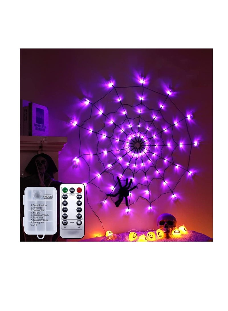CityRiya-Long Halloween Decorations Lights, 3.28FT 70 LED Spider Web Light, Indoor Outdoor Net Lights with Black Spider 8Mode, for Wall Window Door Yard Patio Halloween Party Decor (Purple) - Image 1