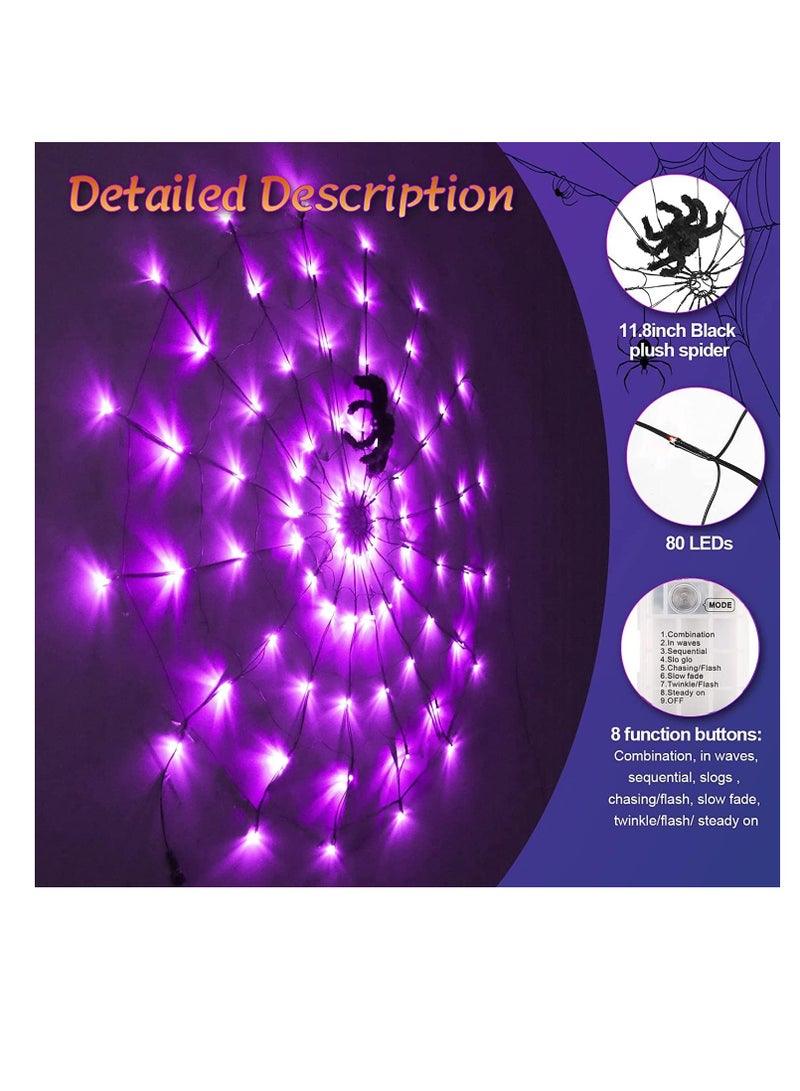 CityRiya-Long Halloween Decorations Lights, 3.28FT 70 LED Spider Web Light, Indoor Outdoor Net Lights with Black Spider 8Mode, for Wall Window Door Yard Patio Halloween Party Decor (Purple) - Image 2