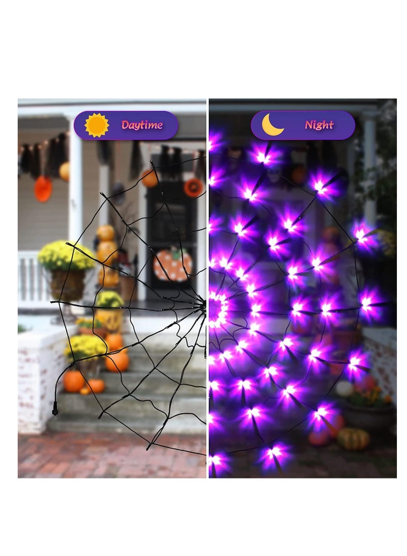 CityRiya-Long Halloween Decorations Lights, 3.28FT 70 LED Spider Web Light, Indoor Outdoor Net Lights with Black Spider 8Mode, for Wall Window Door Yard Patio Halloween Party Decor (Purple) - Image 3