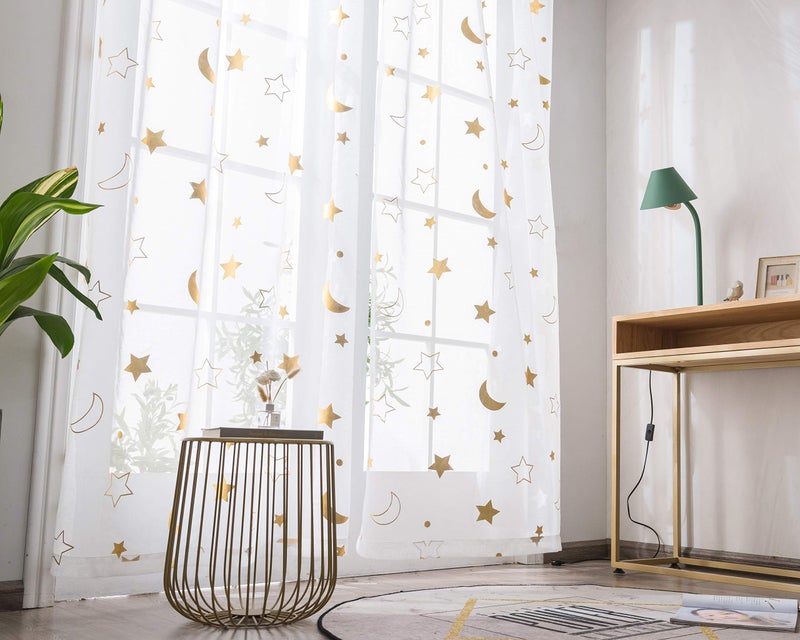 SEEKRIGHT Cute Kids Sheer Window Curtains Gold Star and Moon Curtains for Girls Room 63 Inch Long  Grommet Gold White Curtains Sheer Foil Printed for Bedroom Set 2 Panels