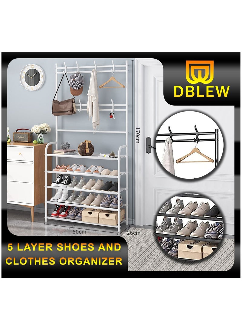 دي بلو رف معطف للمدخل متعدد الوظائف من 5 طبقات 3 في 1 مقعد أحذية شجرة القاعة مع حامل مظلة وقبعة مفاتيح أرفف تخزين مع 8 خطافات شماعات 5 منظم طبقة سفلية - Image 1