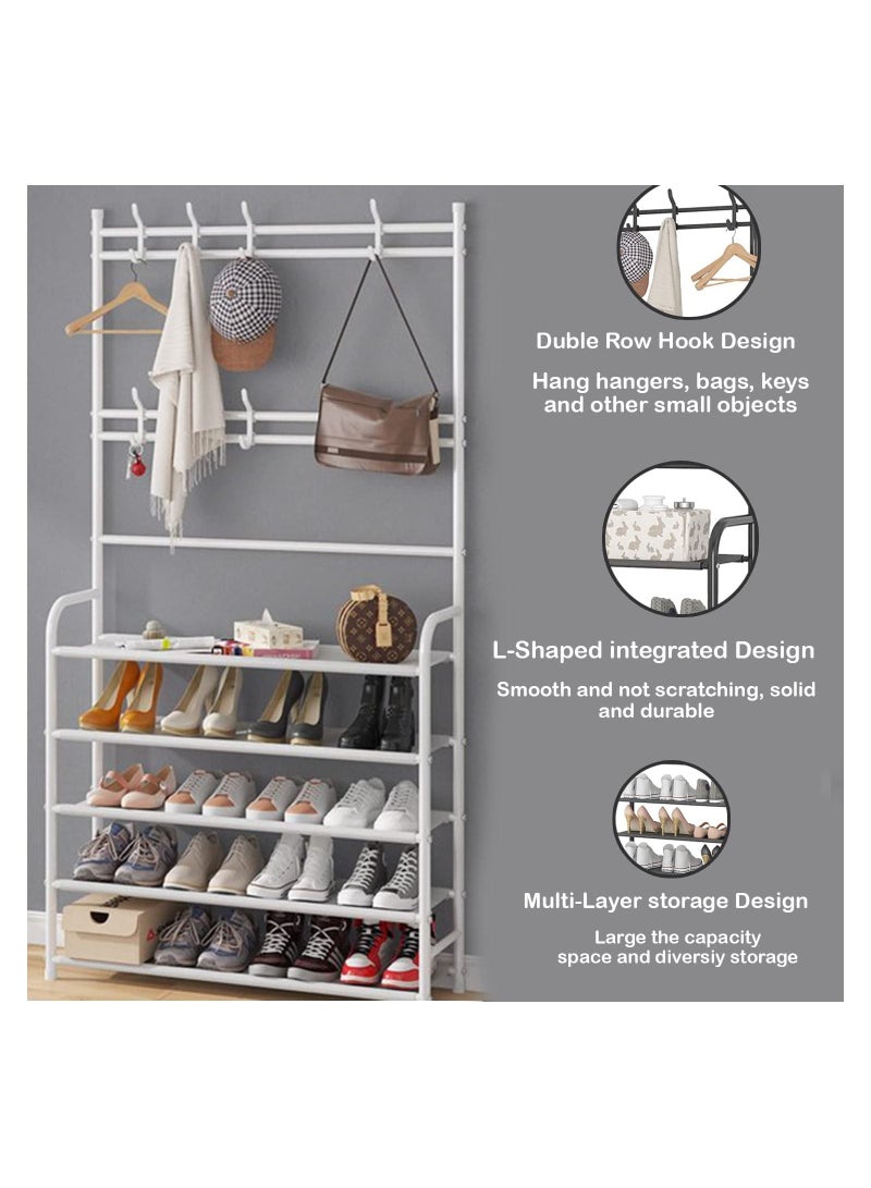 دي بلو رف معطف للمدخل متعدد الوظائف من 5 طبقات 3 في 1 مقعد أحذية شجرة القاعة مع حامل مظلة وقبعة مفاتيح أرفف تخزين مع 8 خطافات شماعات 5 منظم طبقة سفلية - Image 2