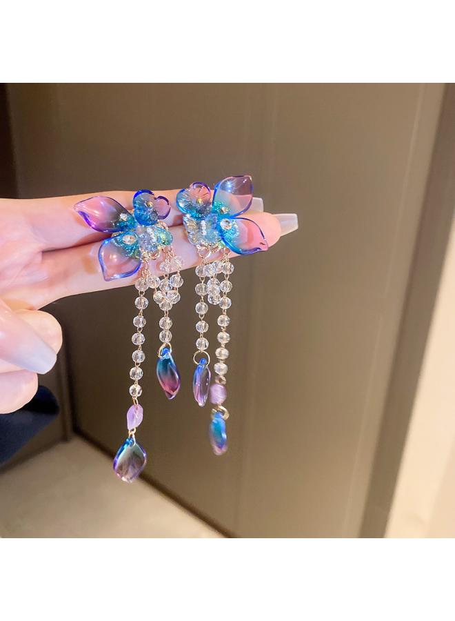 Silver Needle Diamond Butterfly Tassel Earrings South Korea Sweet Flower Long Earrings Fashionable Light Luxury High-grade Earrings For Women 