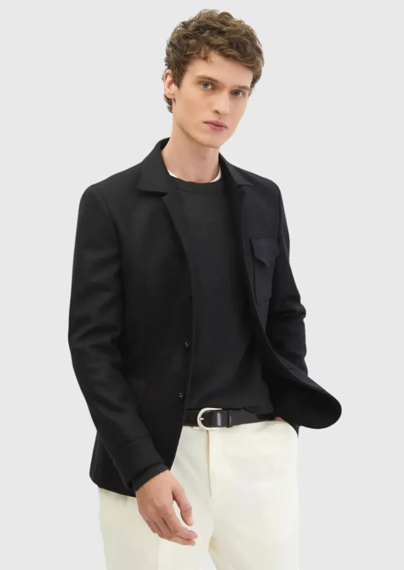 RAMSEY Black Plain Shirt Shoulder Slim Fit 100% Wool Jacket