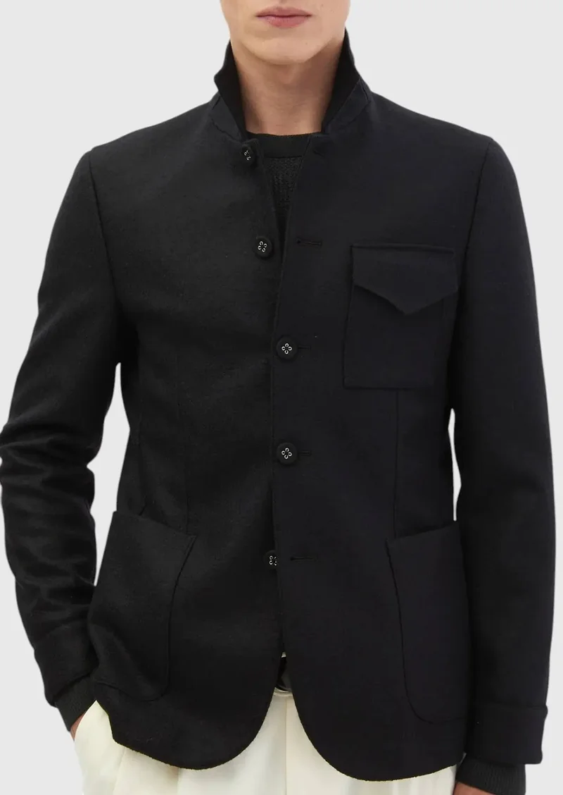 RAMSEY Black Plain Shirt Shoulder Slim Fit 100% Wool Jacket