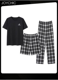 3 Piece New Style Men's Pajamas Short-sleeved + Lattice Shorts+ Trouser Set Casual Modal Breathable Wear-resistant Sleepwear Youth Homewear for Spring Summer Autumn