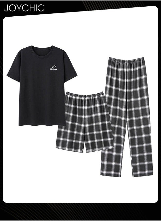 NIBEMINENT - 3 Piece New Style Men's Pajamas Short-sleeved + Lattice Shorts+ Trouser Set Casual Modal Breathable Wear-resistant Sleepwear Youth Homewear for Spring Summer Autumn - Image 1