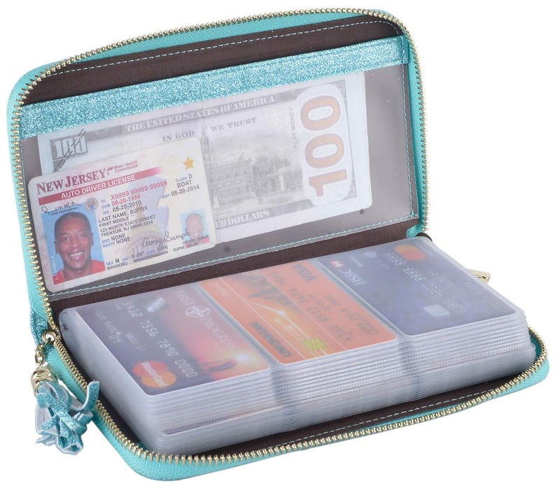 Easyoulife Credit Card Holder Wallet Womens Zipper Leather Case Purse RFID Blocking (Glitter Teal) - Image 1