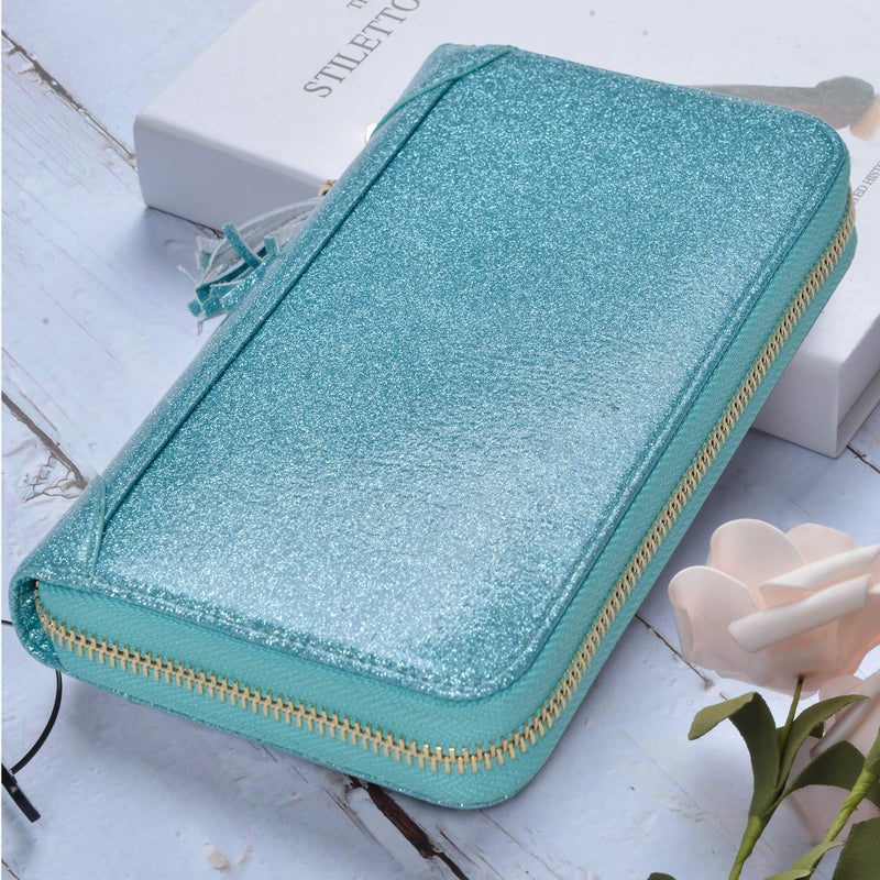 Easyoulife Credit Card Holder Wallet Womens Zipper Leather Case Purse RFID Blocking (Glitter Teal) - Image 2