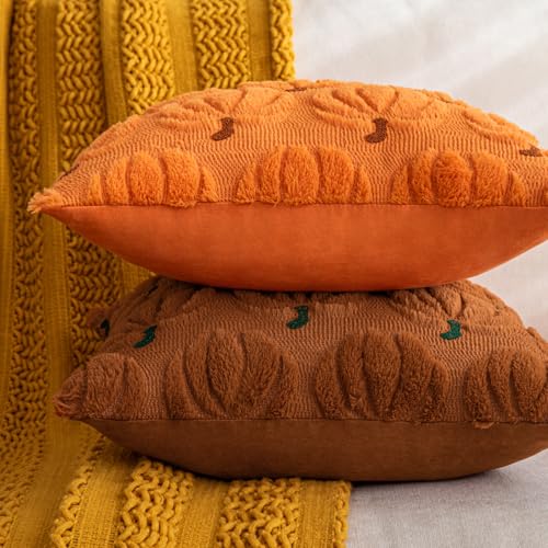 COSIBONO Pumpkin Fall Decorative Throw Pillow Covers 18"x18", Set of 2 Rust Green Soft Faux Fur Pillow Covers for Autumn Harvest, Fluffy Plush Accent Pillow Cases for Farmhouse Halloween Decor - Image 2