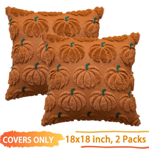 COSIBONO Pumpkin Fall Decorative Throw Pillow Covers 18"x18", Set of 2 Rust Green Soft Faux Fur Pillow Covers for Autumn Harvest, Fluffy Plush Accent Pillow Cases for Farmhouse Halloween Decor - Image 3