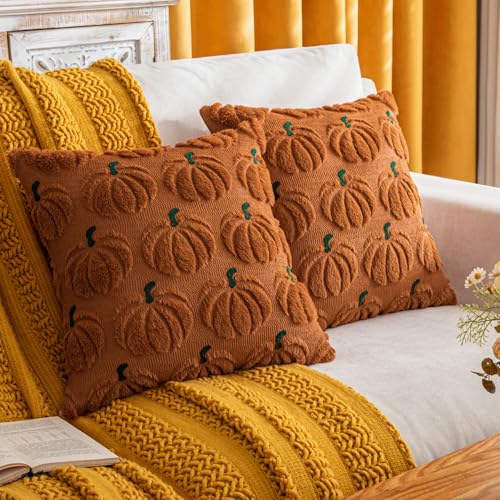 COSIBONO Pumpkin Fall Decorative Throw Pillow Covers 18"x18", Set of 2 Rust Green Soft Faux Fur Pillow Covers for Autumn Harvest, Fluffy Plush Accent Pillow Cases for Farmhouse Halloween Decor - Image 1