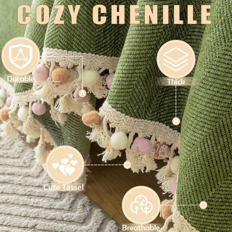 HANDONTIME Green Sofa Cover Vintage Couch Cover for Dogs 71" X118" with Tassel Herringbone Design - Image 2