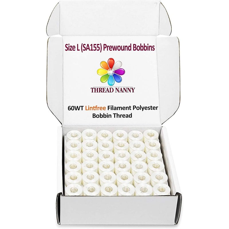 ThreadNanny 144pcs White Prewound Bobbin Thread Plastic Size L SA155 for Brother Embroidery and Sewing Machine Polyester Thread