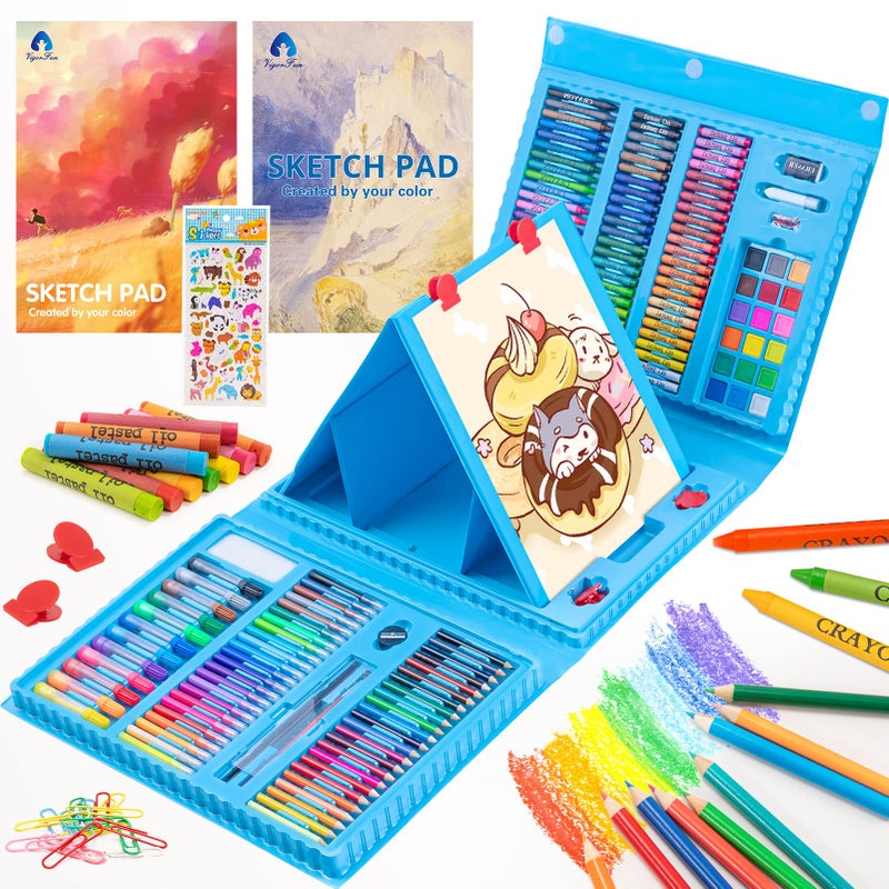 Vigorfun أدوات فنيغور فن، مجموعة أدوات الرسم 240 قطعة، مجموعة هدايا مع حامل ثلاثي الجوانب مزدوج، تشمل أقلام الباستيل الزيتية، والألوان الشمعية، وأقلام الرصاص الملونة، وكعكات الألوان المائية، ودفتر رسم (أزرق) - Image 1