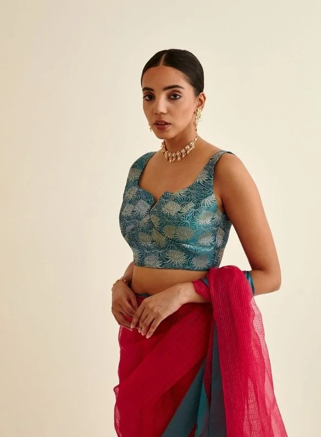 أبهشتي Banarasi lotus zari blouse-teal blue