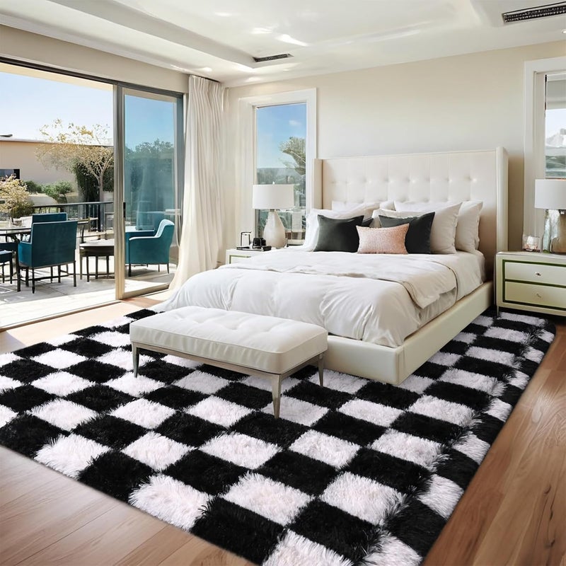 FALARK Rugs for Bedroom Living Room, 4x6 ft Black and White Checkered Area Rug, Fluffy Soft Washable Carpet, Modern Non-Slip Shag Carpets for Boys Girls Nursery Home Aesthetic Decor - Image 2