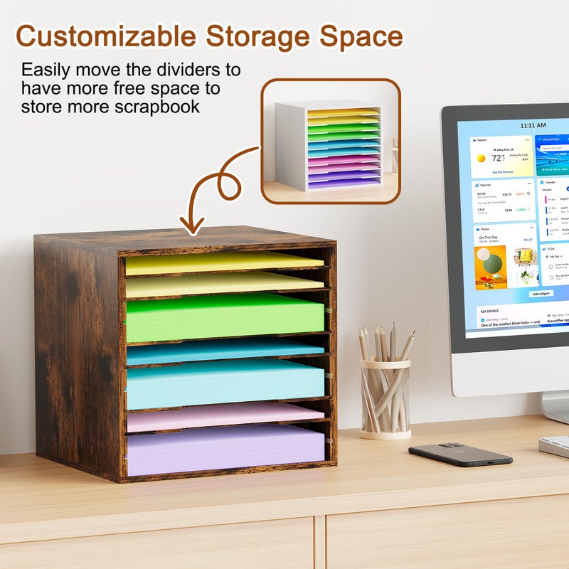 EasyPAG Scrapbook Paper Storage Organizer for Craft Room, 12x12 Paper Storage Desk Shelf, 10 Slot Adjustable File Sorter for Office School Classroom, White - Image 4