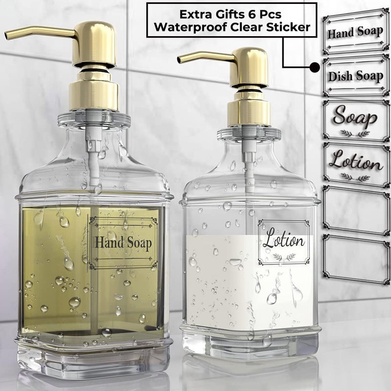 GLADPURE Soap Dispenser - 2 Pack, 18 Oz Antique Design Thick Glass Hand Soap Dispensers; with 304 Rust Proof Stainless Steel Pump, 6Pcs Clear Stickers, for Kitchen, Bathroom - Gold - Image 3