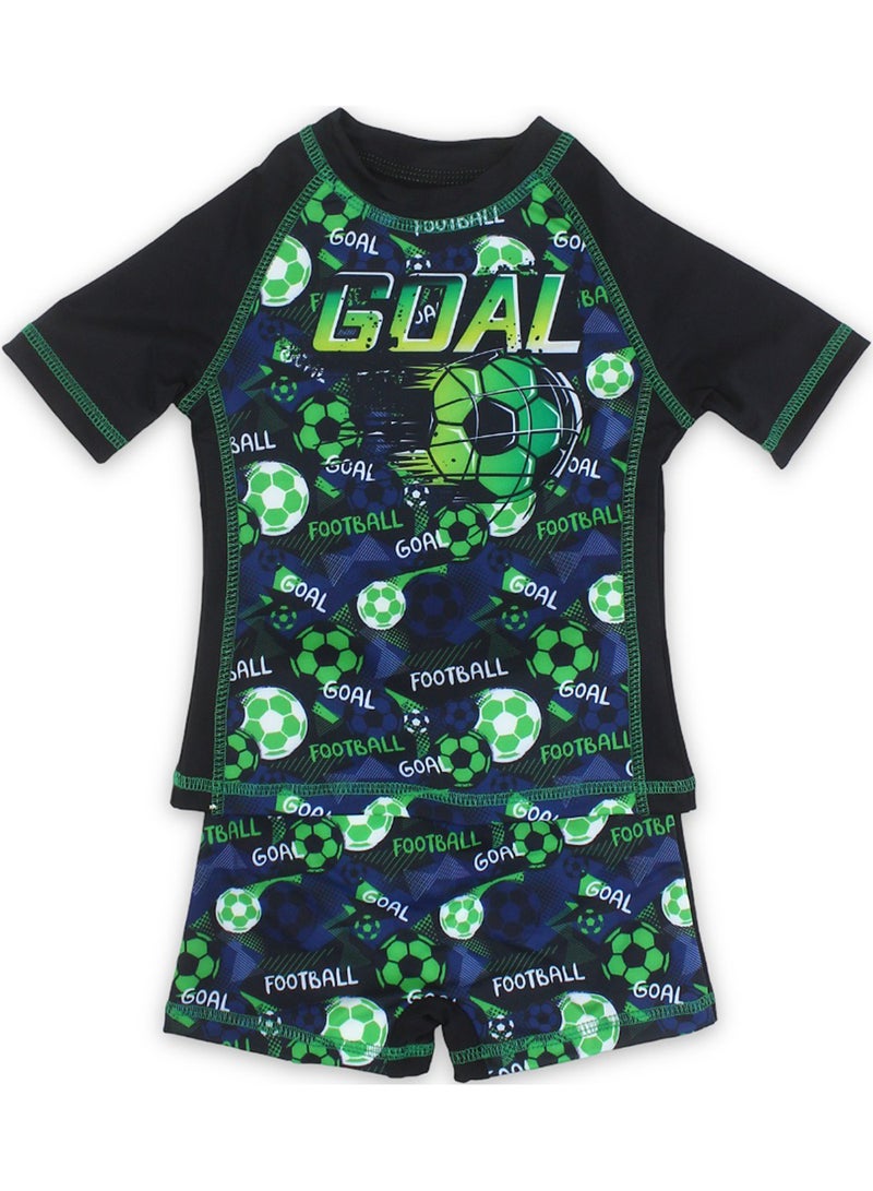 Boys Sunsuit One-Piece – Black with "Goal" Print – 7-8y