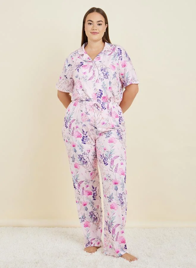 ستايلي Plus Rosey Botanical Floral Print Shirt & Pyjama Set
