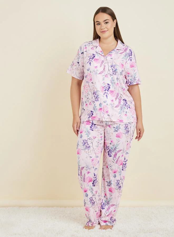 ستايلي Plus Rosey Botanical Floral Print Shirt & Pyjama Set