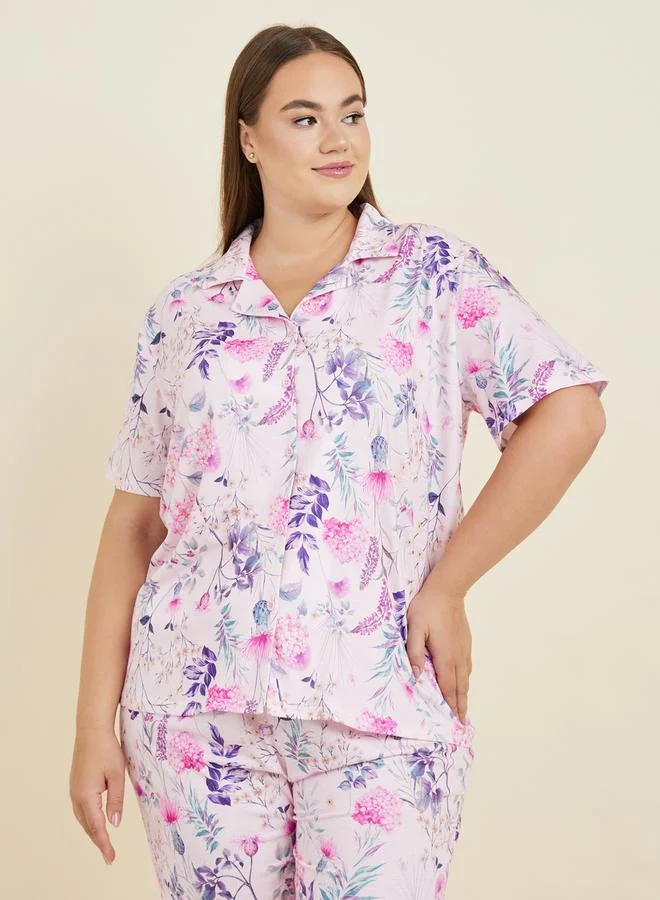 ستايلي Plus Rosey Botanical Floral Print Shirt & Pyjama Set