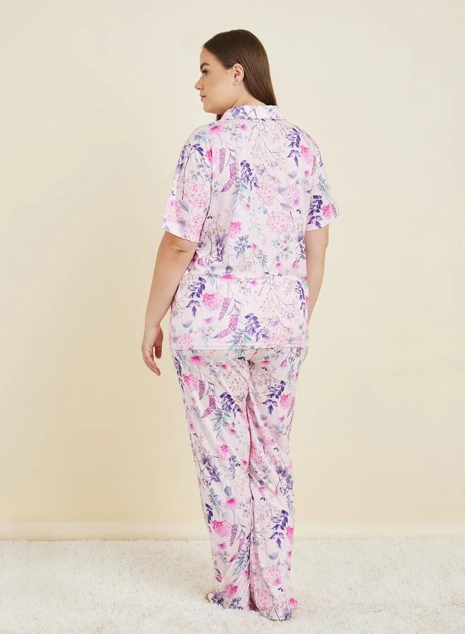 ستايلي Plus Rosey Botanical Floral Print Shirt & Pyjama Set