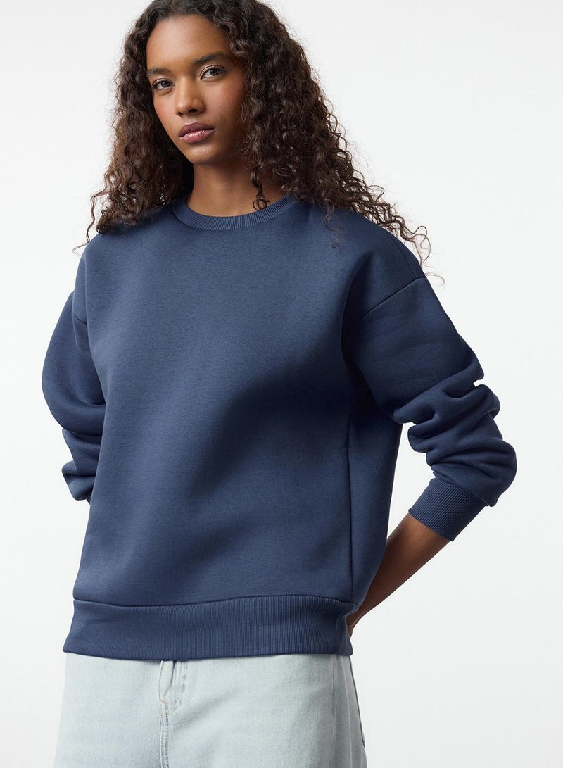 trendyol Indigo Oversize Crew Neck Fleece Sweatshirt - - Image 2