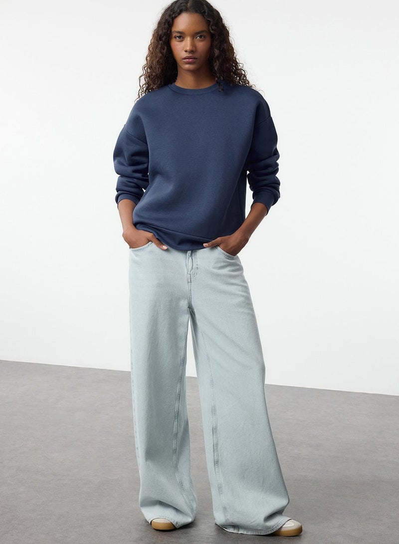 trendyol Indigo Oversize Crew Neck Fleece Sweatshirt - - Image 1