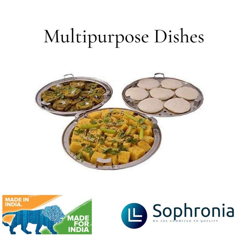 Sophronia Sophronia Heavy Stainless Steel Idli Cooker Multi Kadai Steamer Thick Base All-in-One Big Size with 5 Plate 2 idli 2 Dhokla 1 Patra Induction Gas top Compatible Sandwich Bottom Kadai with Lid (Silver)  - Image 4