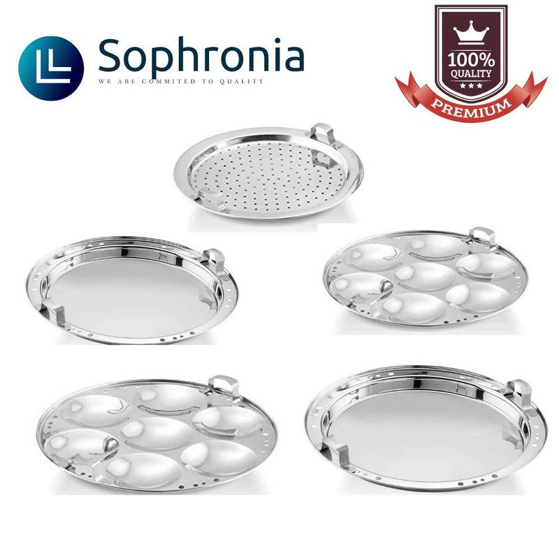 Sophronia Sophronia Heavy Stainless Steel Idli Cooker Multi Kadai Steamer Thick Base All-in-One Big Size with 5 Plate 2 idli 2 Dhokla 1 Patra Induction Gas top Compatible Sandwich Bottom Kadai with Lid (Silver)  - Image 5