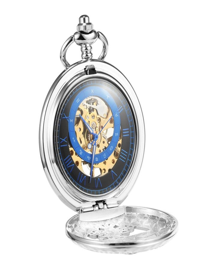 TREEWETO Men's Mechanical Roman Numerals Dial Sun and Moon Skeleton Pocket Watches with Box and Chains for Mens Women Black Bronze Gold Silver, Silver, Mechanical - Image 2