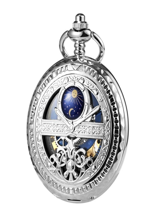 TREEWETO Men's Mechanical Roman Numerals Dial Sun and Moon Skeleton Pocket Watches with Box and Chains for Mens Women Black Bronze Gold Silver, Silver, Mechanical - Image 1