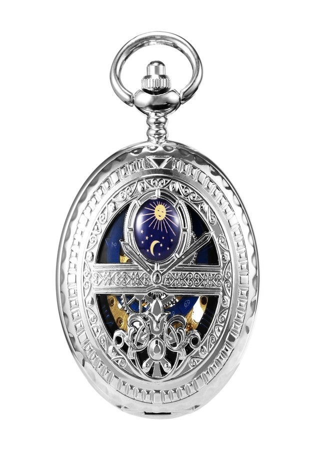 TREEWETO Men's Mechanical Roman Numerals Dial Sun and Moon Skeleton Pocket Watches with Box and Chains for Mens Women Black Bronze Gold Silver, Silver, Mechanical - Image 3