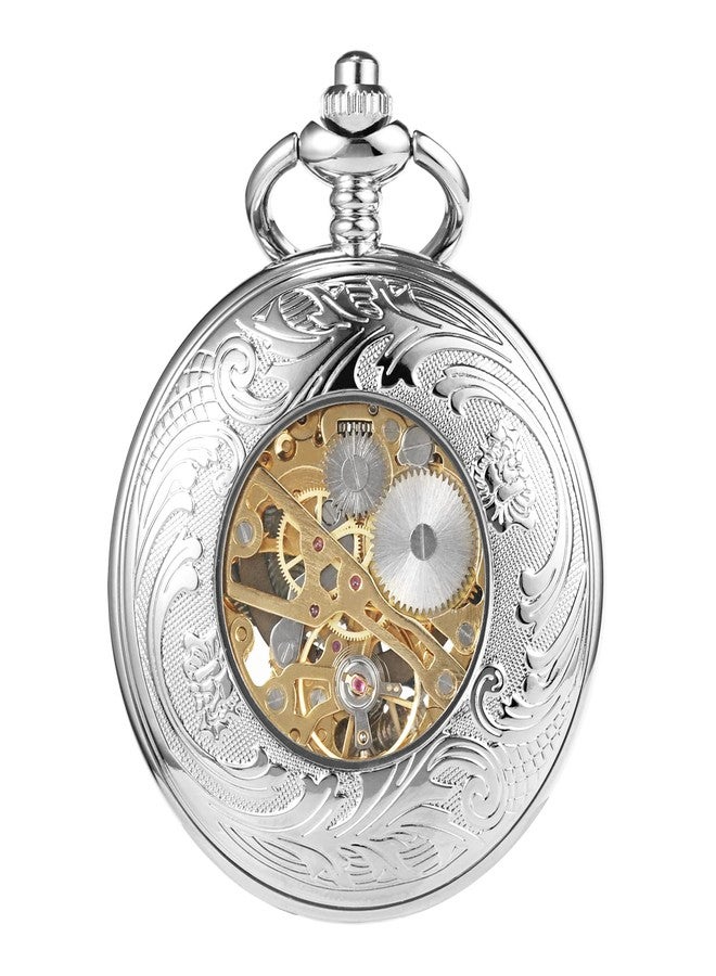 TREEWETO Men's Mechanical Roman Numerals Dial Sun and Moon Skeleton Pocket Watches with Box and Chains for Mens Women Black Bronze Gold Silver, Silver, Mechanical - Image 4
